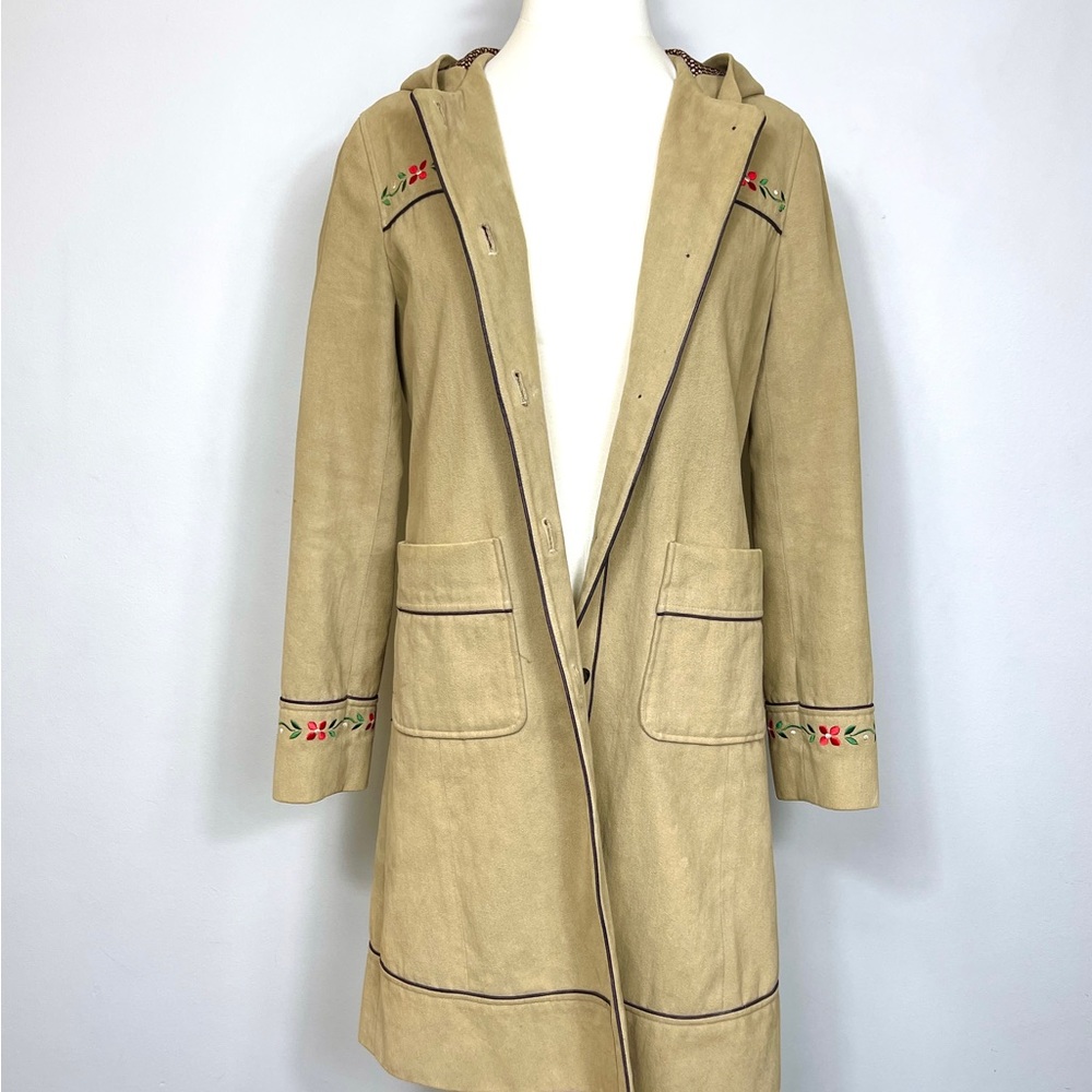 Vintage 1990s Floral Embroidered Camel Colored Coat with Hoodie Size Small - Picture 4 of 12